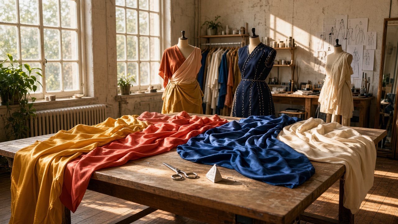 Sunlit atelier with saffron, coral, indigo, and ivory silk spread on a wooden table, dress forms, and sketches on the wall.