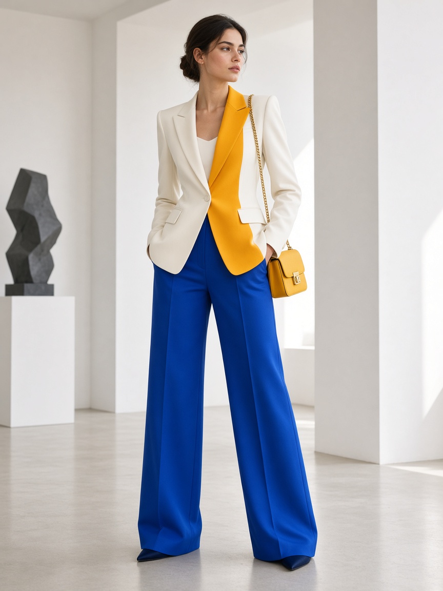Cream tailored jacket with a saffron front panel, cobalt wide trousers, and a small saffron bag.