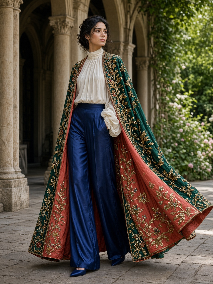 Embroidered emerald cape with a coral lining, worn over an ivory blouse and indigo silk trousers in a garden colonnade.