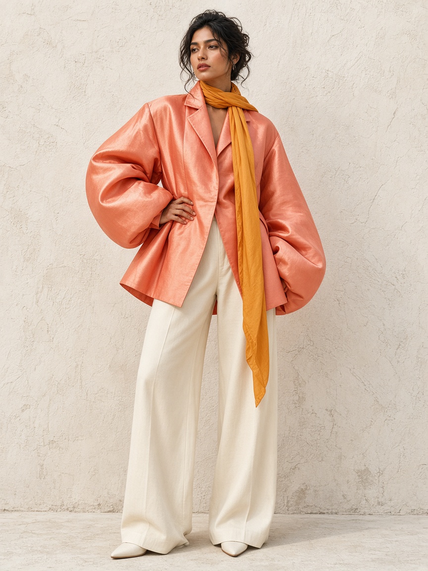 Sculptural coral jacket, cream trousers, and a long saffron scarf.