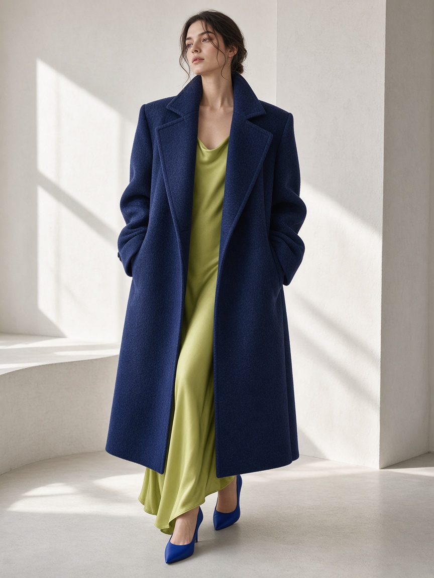 Oversized indigo coat over a chartreuse slip dress and cobalt shoes.