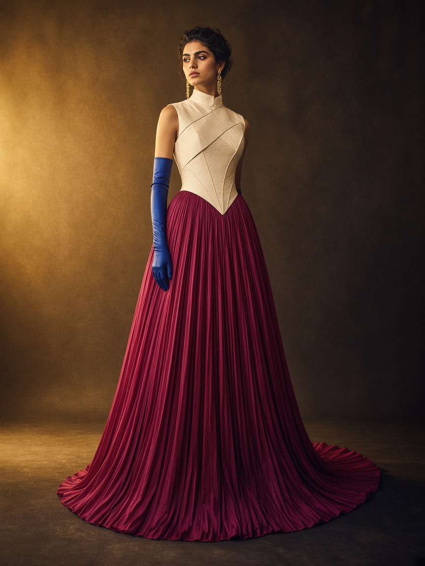 Evening gown with an ivory structured bodice, magenta pleated skirt, and a long cobalt glove.