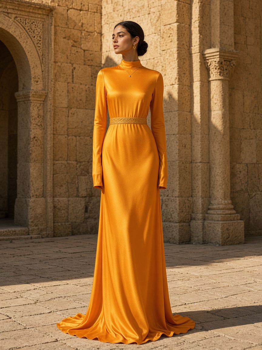 Saffron silk column gown with a gold belt, worn in a stone courtyard.