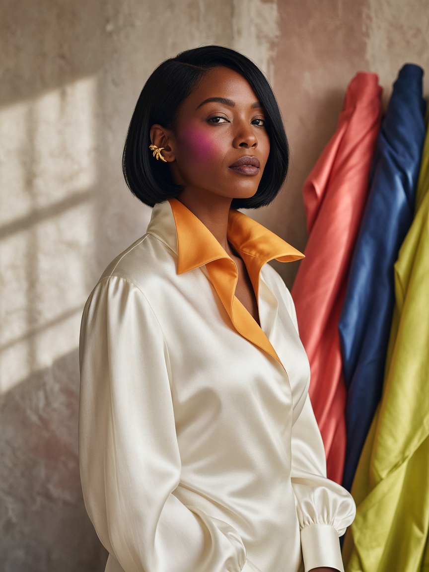 Imani Adeyemi in an ivory silk blouse with a saffron collar, beside bolts of coral, indigo, and chartreuse fabric.