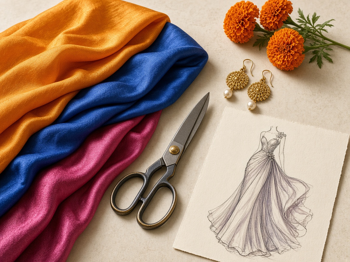 Still life of saffron, cobalt, and magenta silk with tailor shears, gold earrings, marigolds, and a gown sketch.