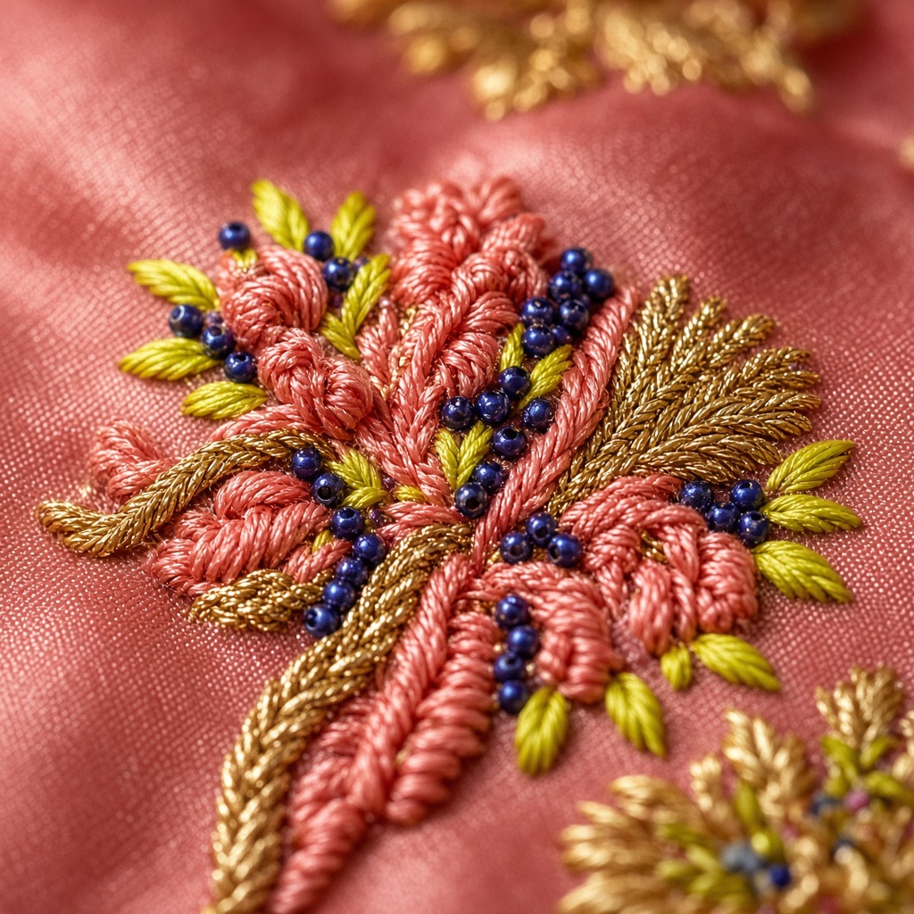 Macro of hand embroidery on coral silk: gold thread, chartreuse leaves, and indigo seed beads.